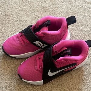 Nike Kids Bright Pink Strap Basketball Sneakers with White Swoosh